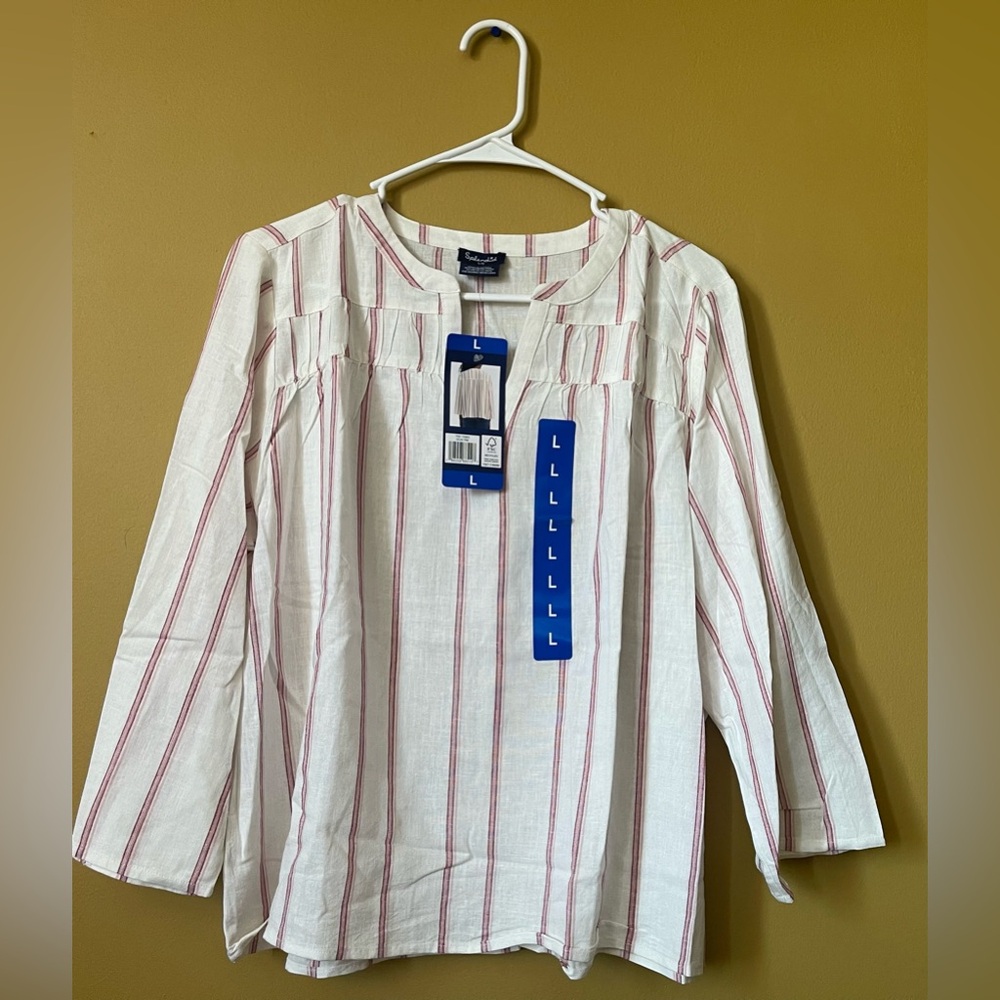 Splendid Ladies Large Pink V-Neck Linen Blend Stripe Blouse Large